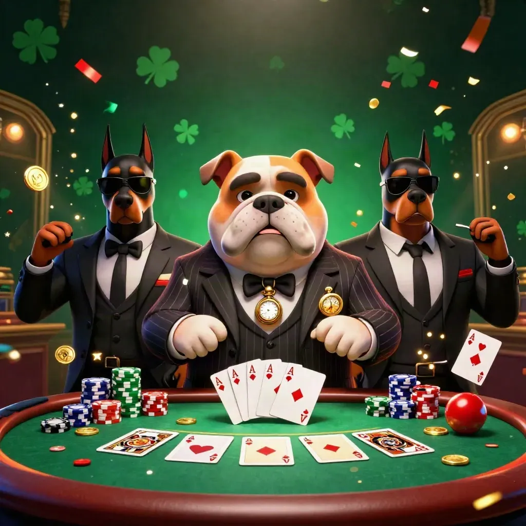 Bulldog mafioso cartoon con due doberman al tavolo da poker, luci dorate e coriandoli