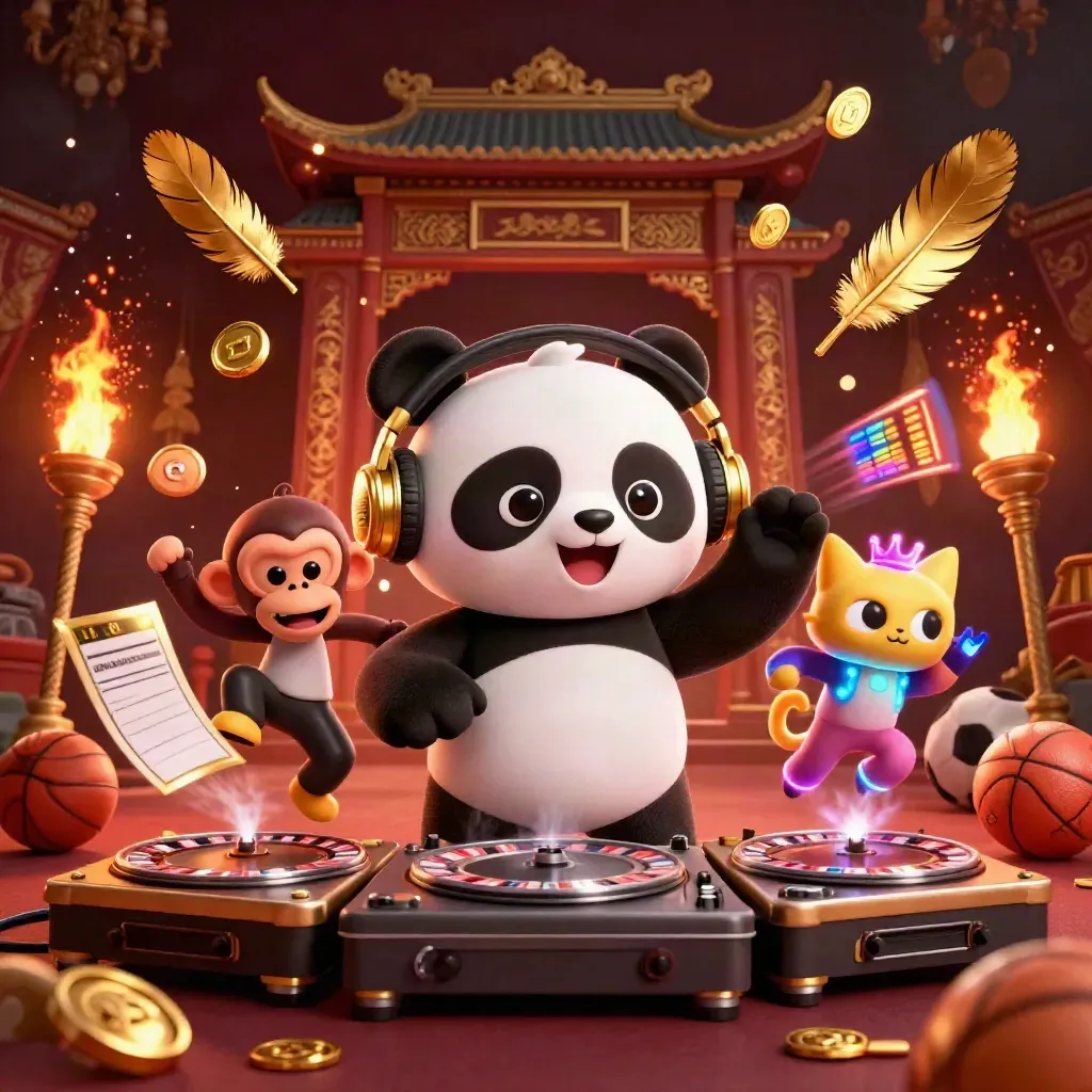 Panda DJ, scimmia danzante e gattino glow-stick tra luci oro e bordeaux, con pallone e monete