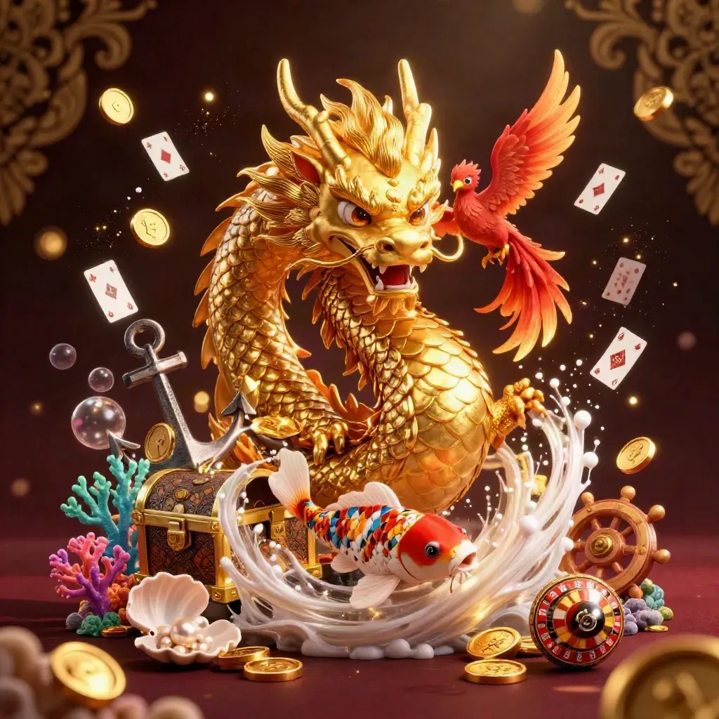 Drago d’oro con fenice e carpa tra tesori, coralli e luci dorate su fondo bordeaux.