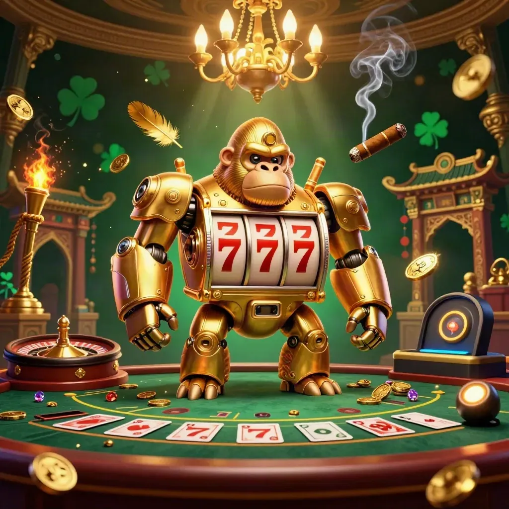 Gorilla mech dorato con scimmietta, jettoni, tempio asiatico e luci da sala da gioco