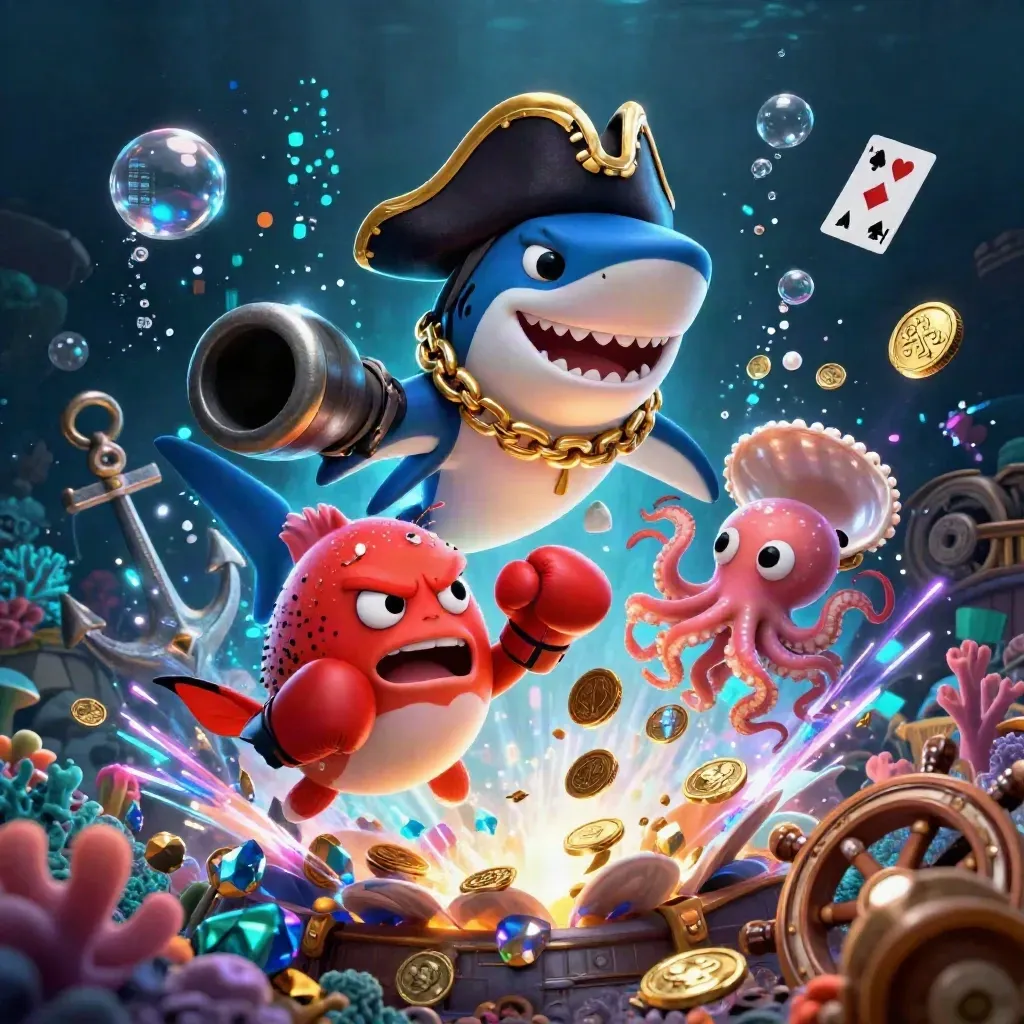 Squalo pirata, pesce palla e polpo tra tesori, coralli e monete in un abisso blu neon.