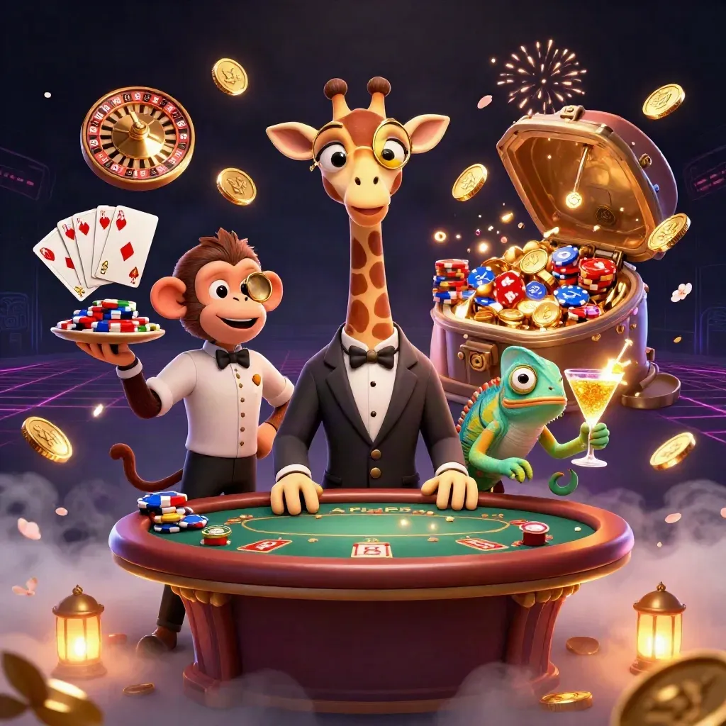 Giraffa, scimmia e camaleonte tra monete d’oro e luci da casinò.