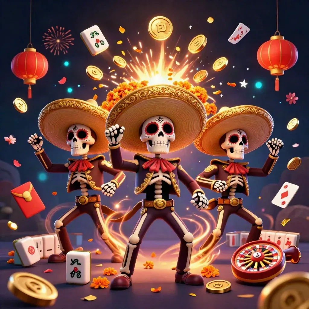 Tre scheletri mariachi celebrano tra monete d’oro, fuochi d’artificio e petali di marigold