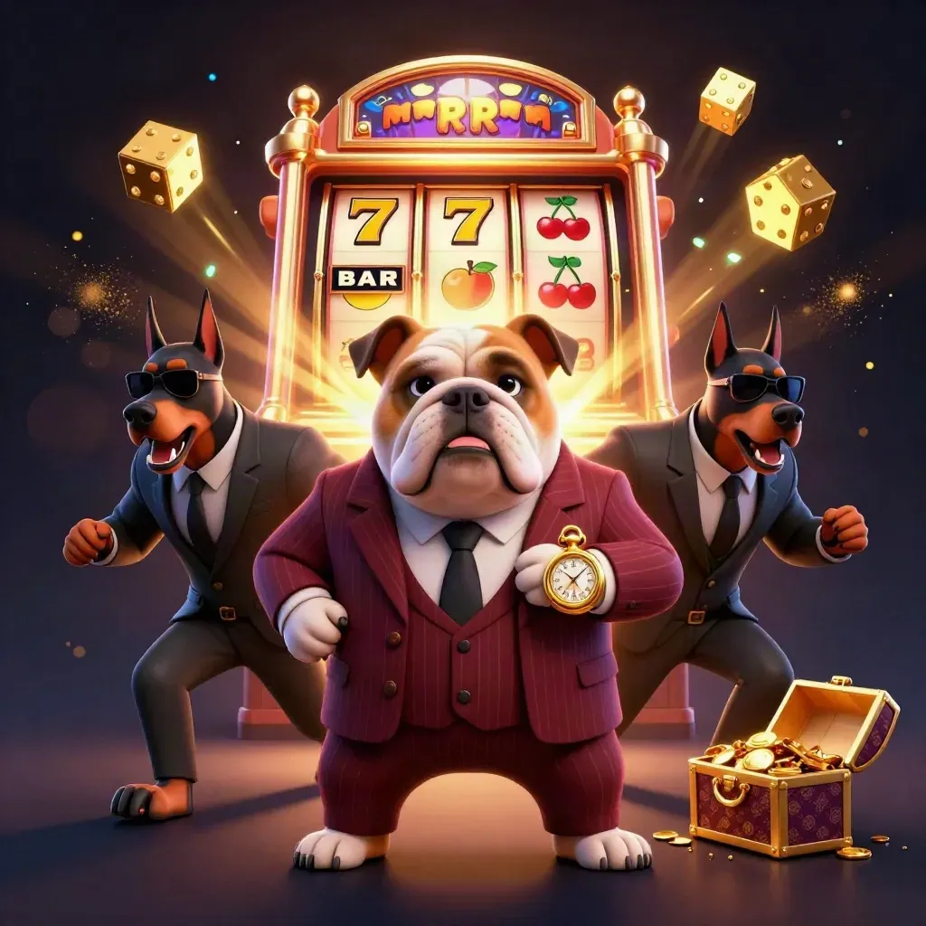 Bulldog boss e due dobermann tra slot, dadi d’oro e cassaforte del jackpot su sfondo scuro.
