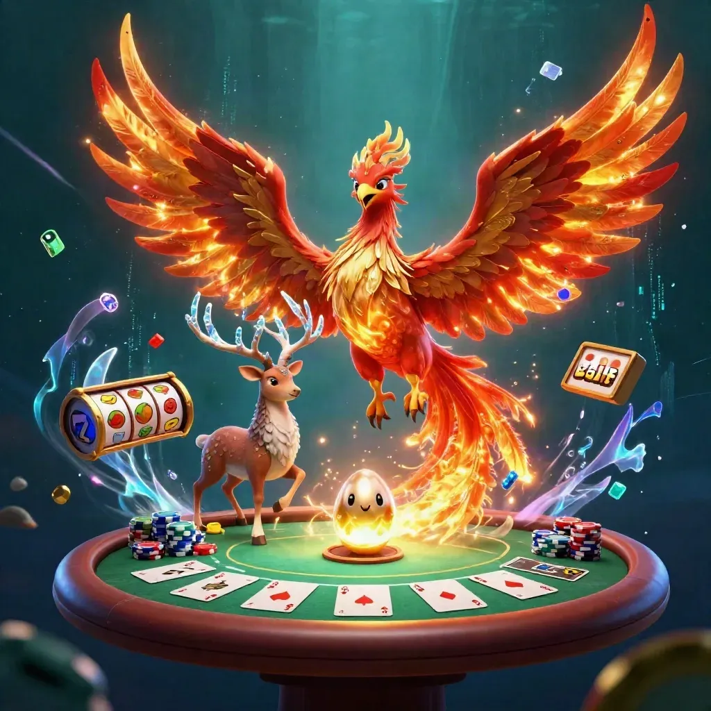 Fenice, cerbiatto magico e pulcino di fenice tra fiches, carte e slot neon.